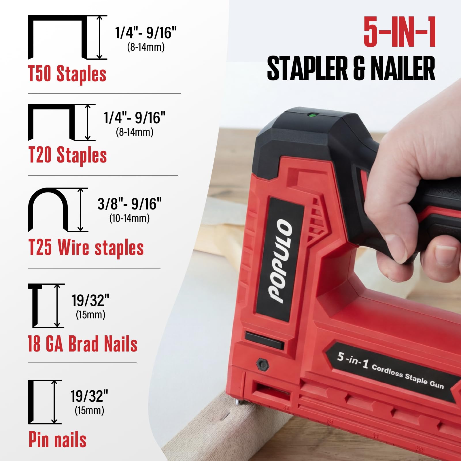 POPULO cordless stapler in use on wood for quick repairs
