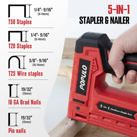 POPULO cordless stapler in use on wood for quick repairs
