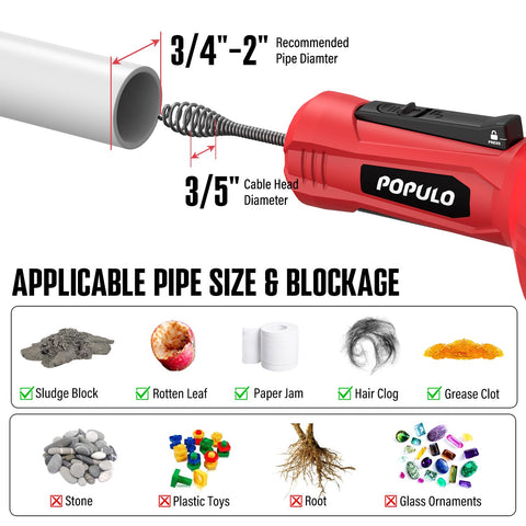 POPULO electric plumbing snake with compact design for tight spaces