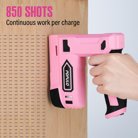 POPULO pink cordless nail gun in action for fabric and leather work.