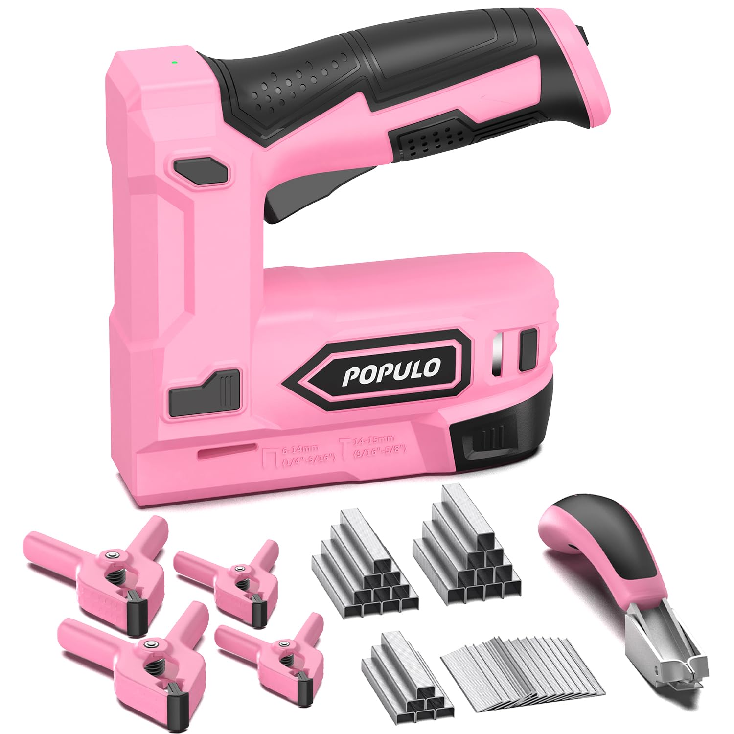 POPULO pink cordless staple gun front view for easy upholstery projects.