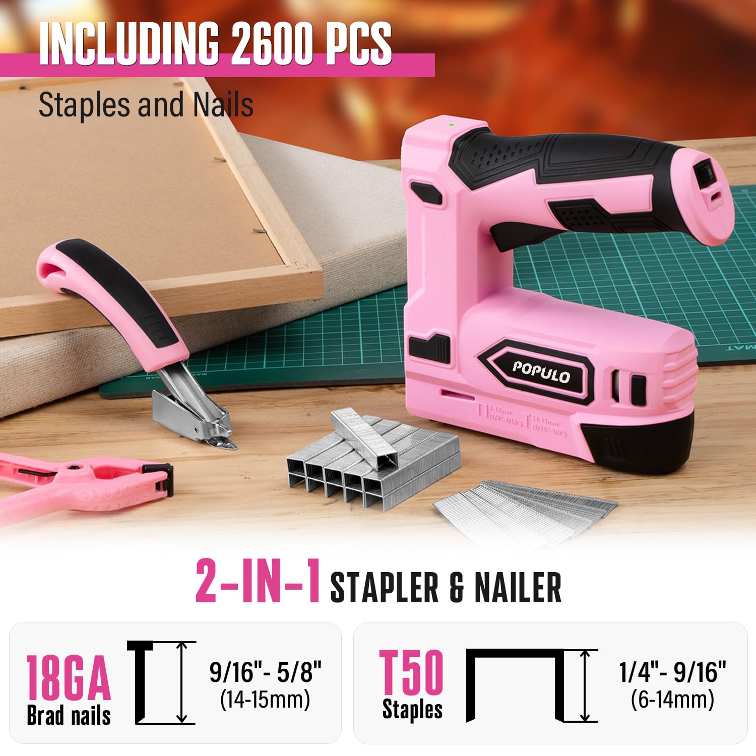 POPULO pink cordless staple gun side shot ideal for quick DIY repairs.