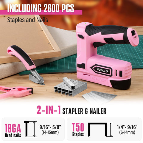 POPULO pink cordless staple gun side shot ideal for quick DIY repairs.