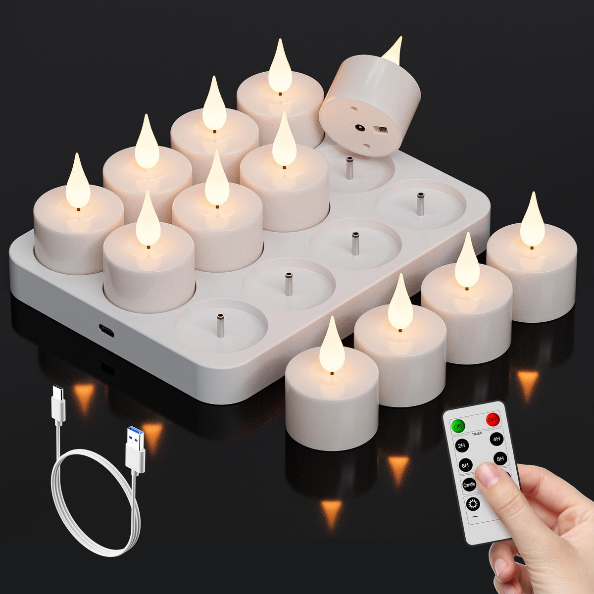 POQCCT rechargeable tea lights on charging base deliver mess-free, lasting glow.