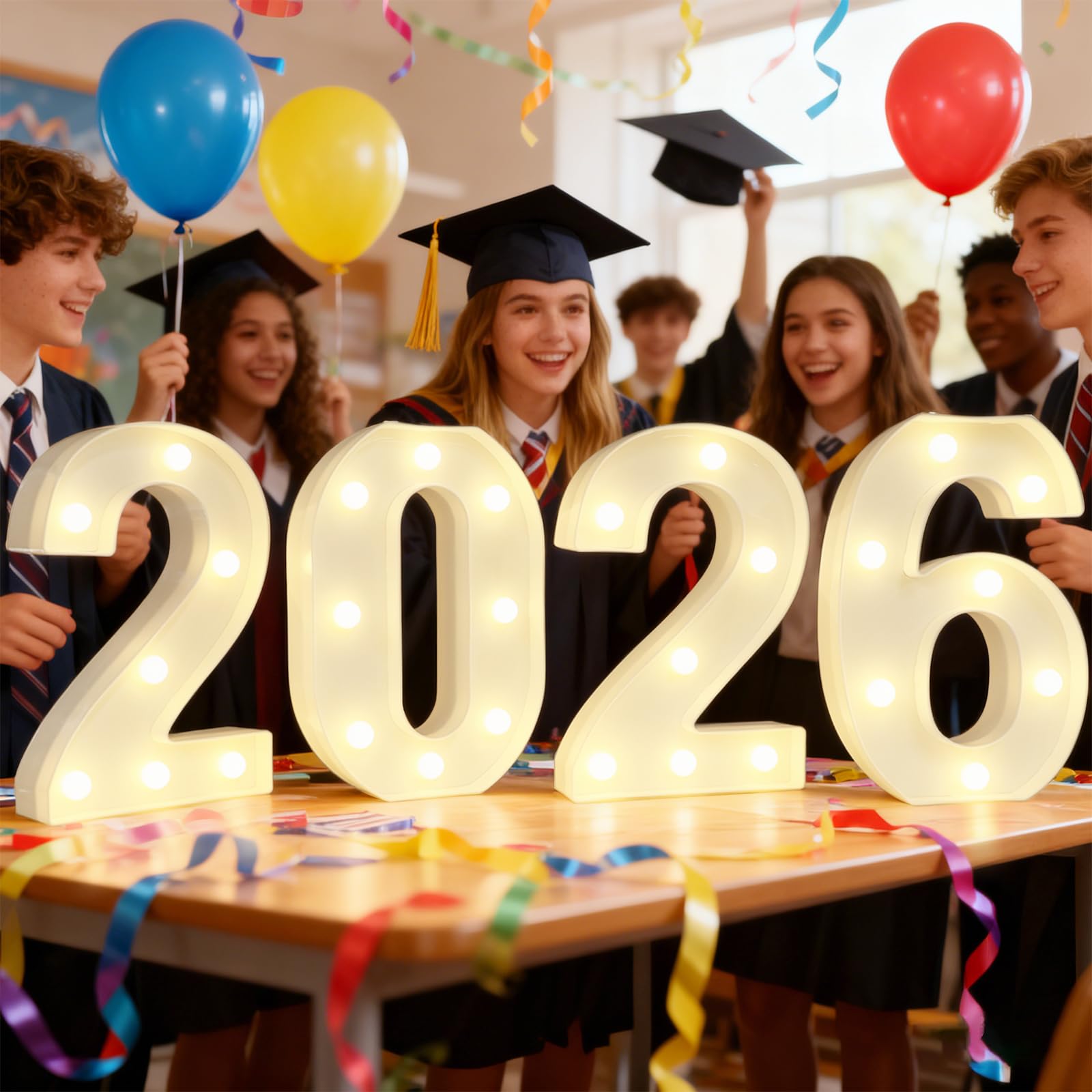 Pooqla 2026 light-up numbers on table create a warm centerpiece for graduations
