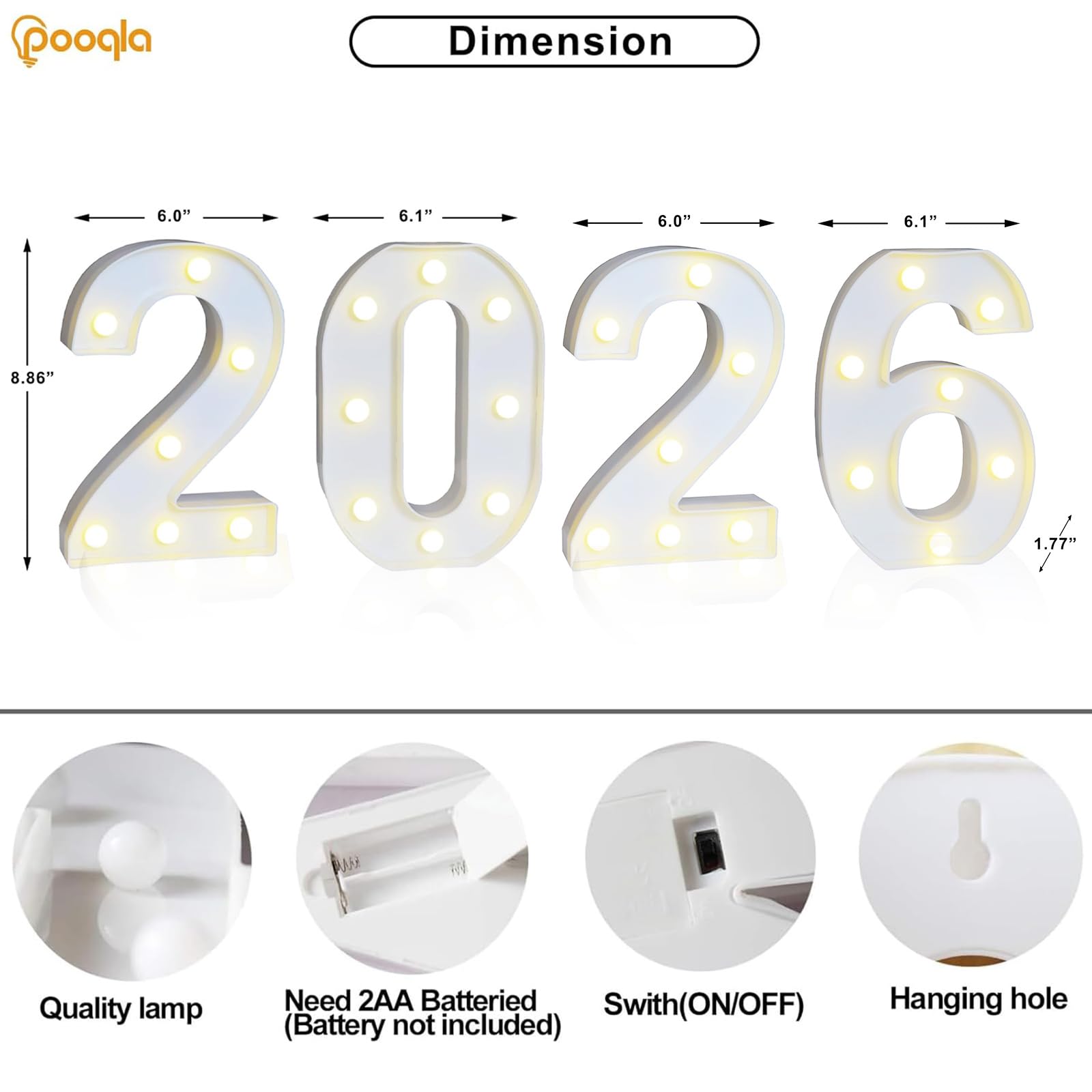 Pooqla warm white marquee 2026 sign emits soft glow for ambiance