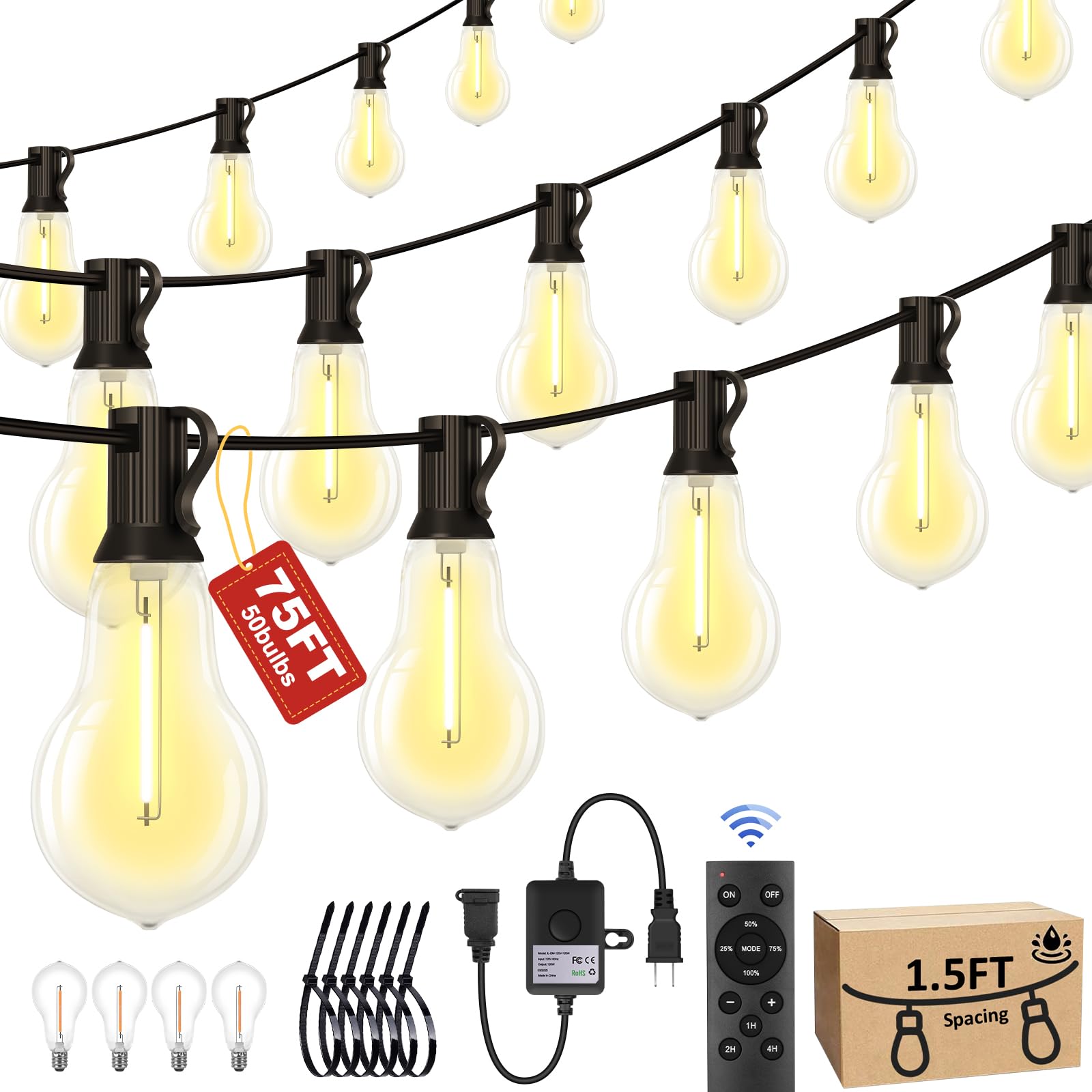 Porbench 75ft outdoor string lights illuminate a patio with weatherproof reliability.