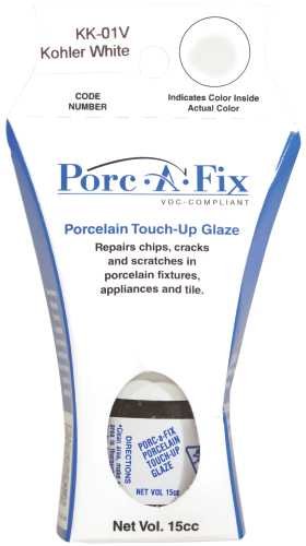 Porc-a-fix touch-up glaze bottle applying to Kohler porcelain fixtures for a near-new high-gloss finish.