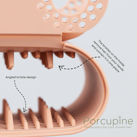 Porcupine suction cups provide reliable hold on smooth shower surfaces.