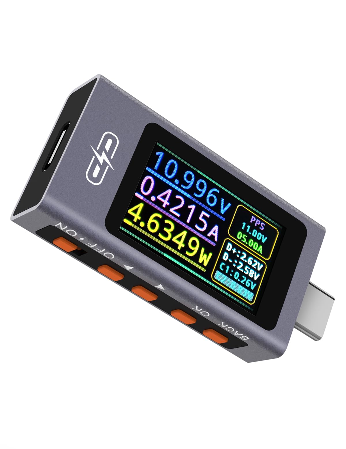 POROMETISTO UT01C USB tester display shows real-time voltage, current, and power.
