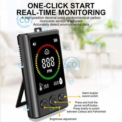 PortableCO detector large, bright display for easy viewing in any light