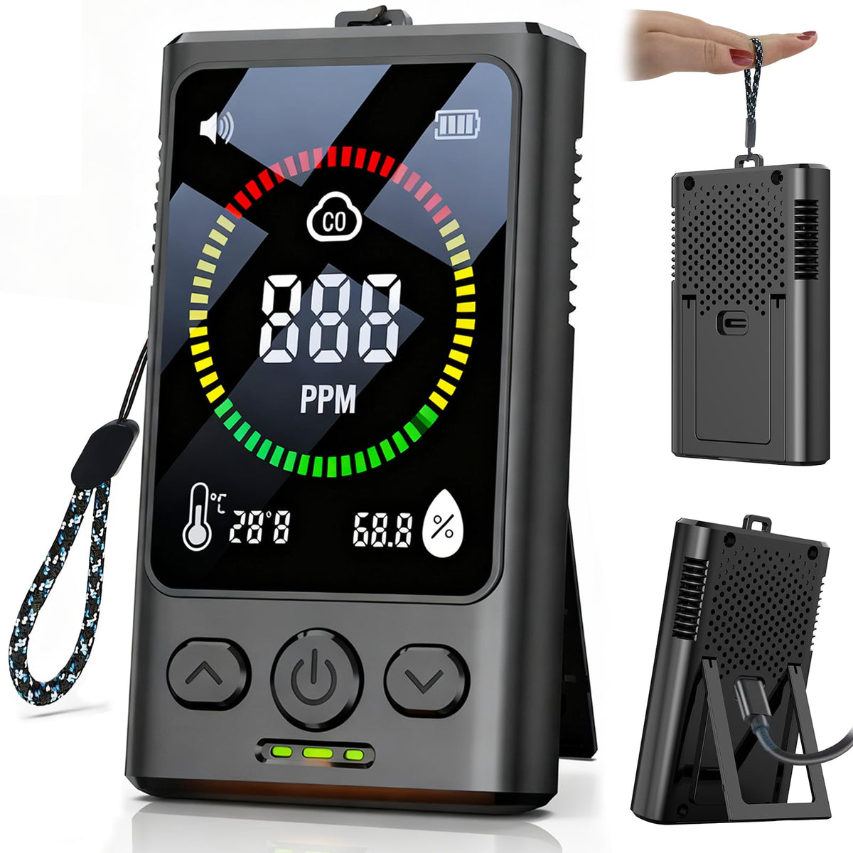 PortableCO detector display readout showing real-time CO, temp, and humidity