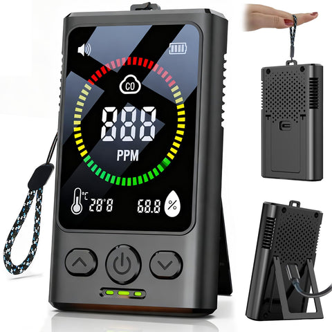 PortableCO detector display readout showing real-time CO, temp, and humidity
