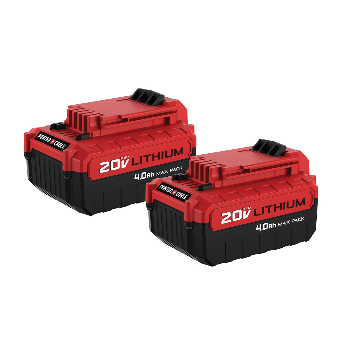 PORTER-CABLE 20V MAX 4.0Ah battery front view highlights long runtime