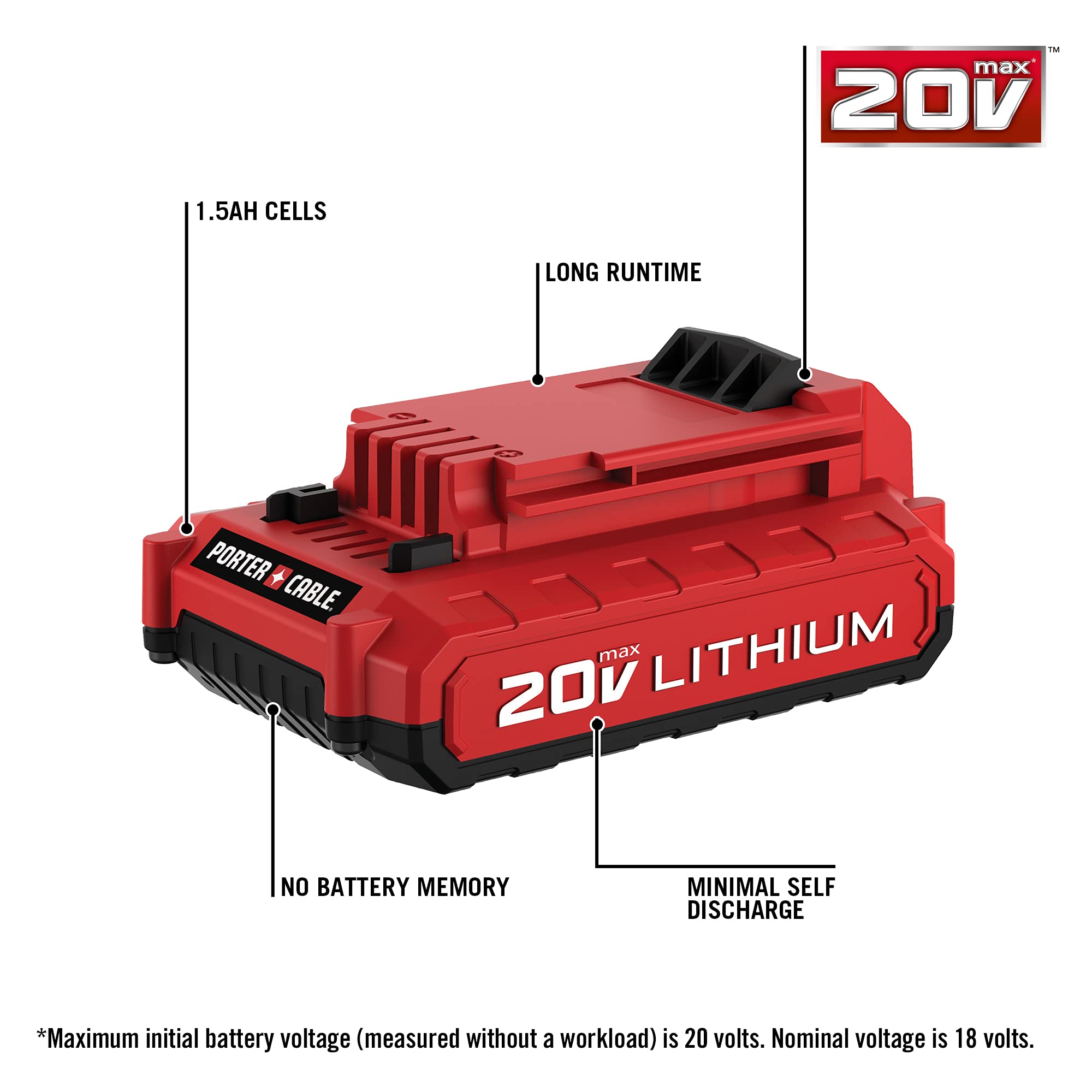 PORTER-CABLE 20V lithium battery shows high energy flow cells for performance.
