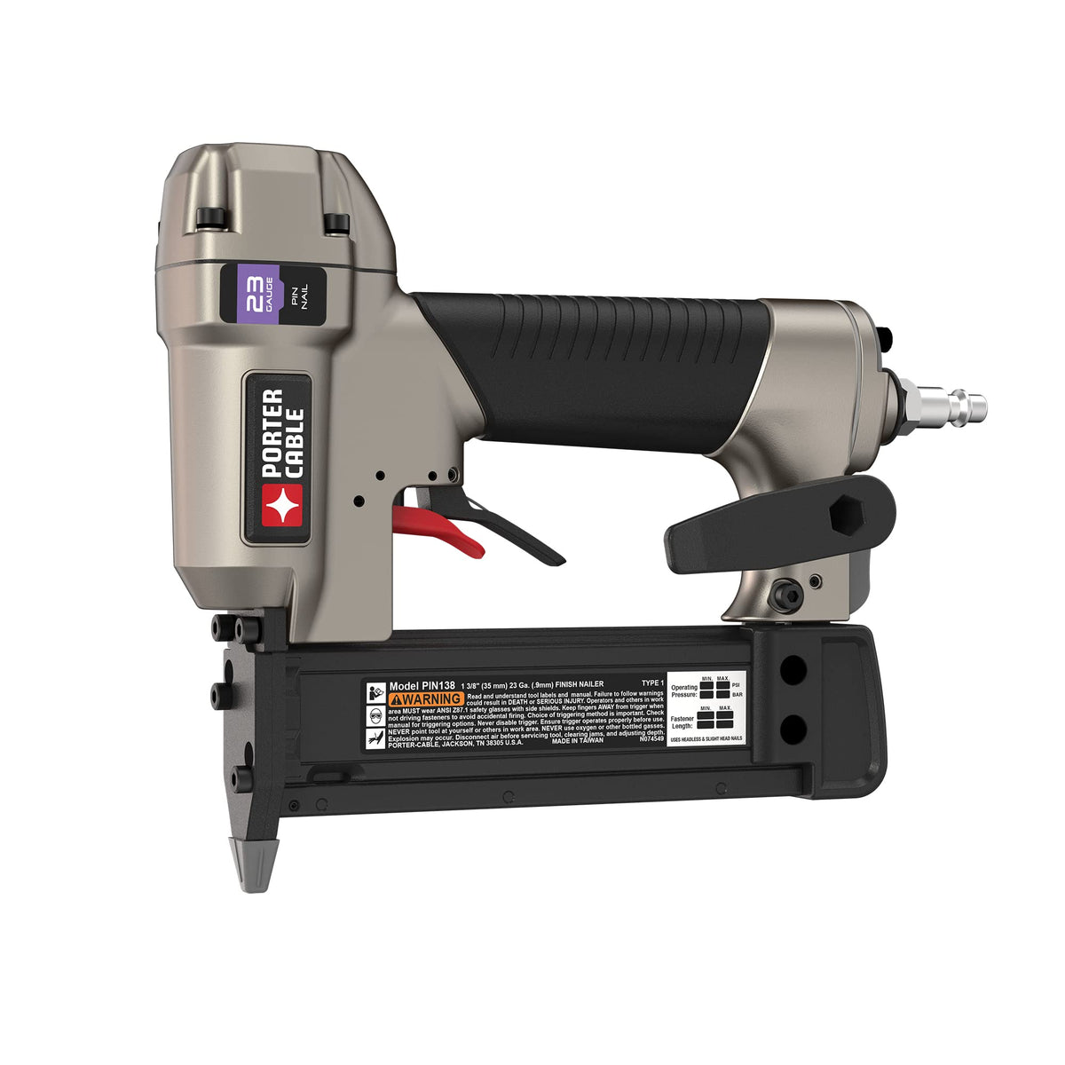 PORTER-CABLE PIN138 front view shows compact 23-gauge nailer for precise trim.