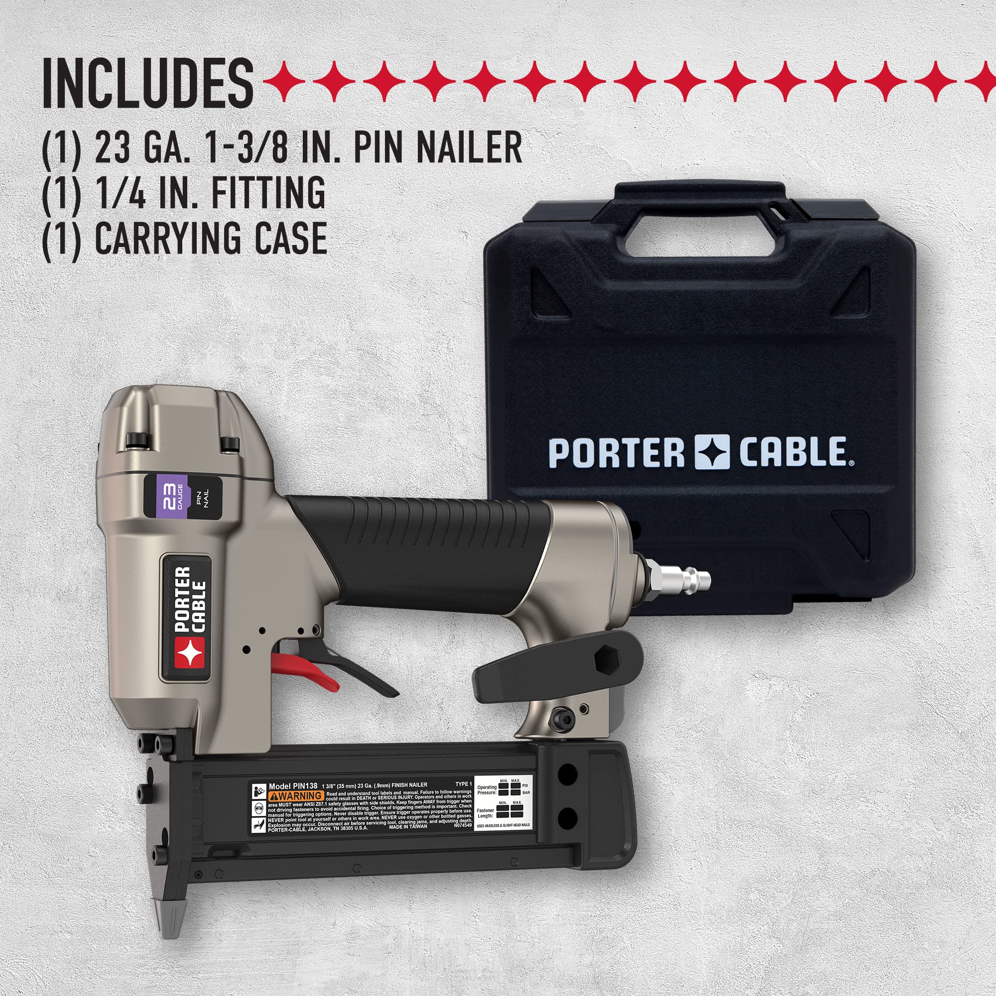 PORTER-CABLE PIN138 side view highlights lightweight aluminum body for all-day use.