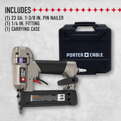 PORTER-CABLE PIN138 side view highlights lightweight aluminum body for all-day use.