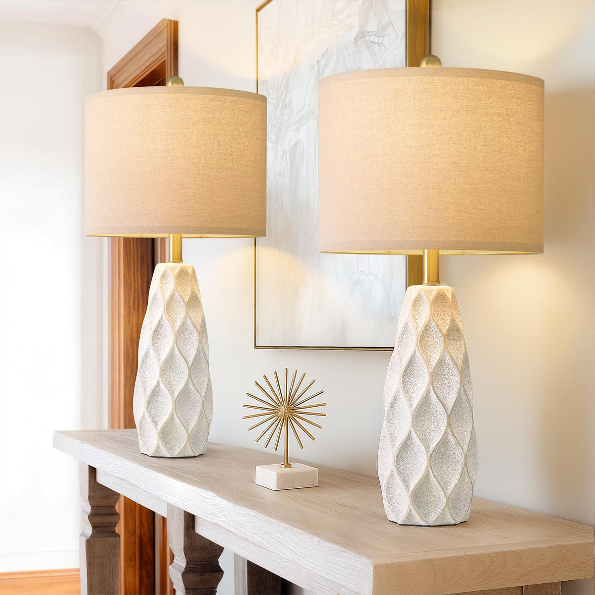 PORTRES ceramic table lamps front view providing warm ambient lighting for the living room