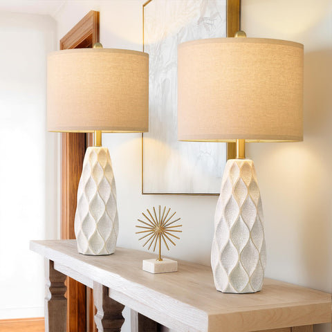 PORTRES ceramic table lamps front view providing warm ambient lighting for the living room