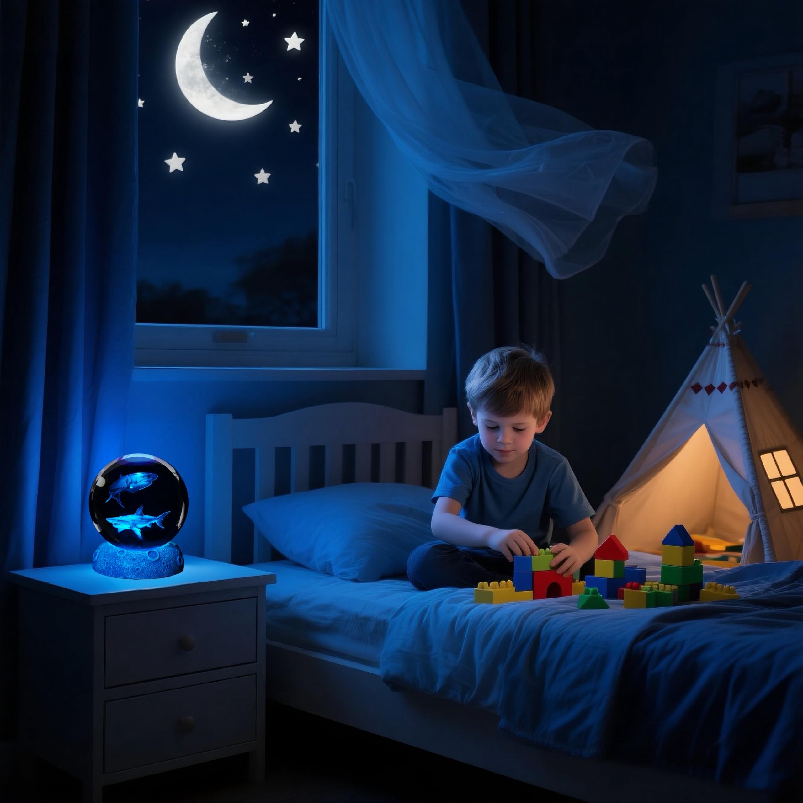 POSSHE ambient shark figurine lamp enhances study corners and bedside tables.