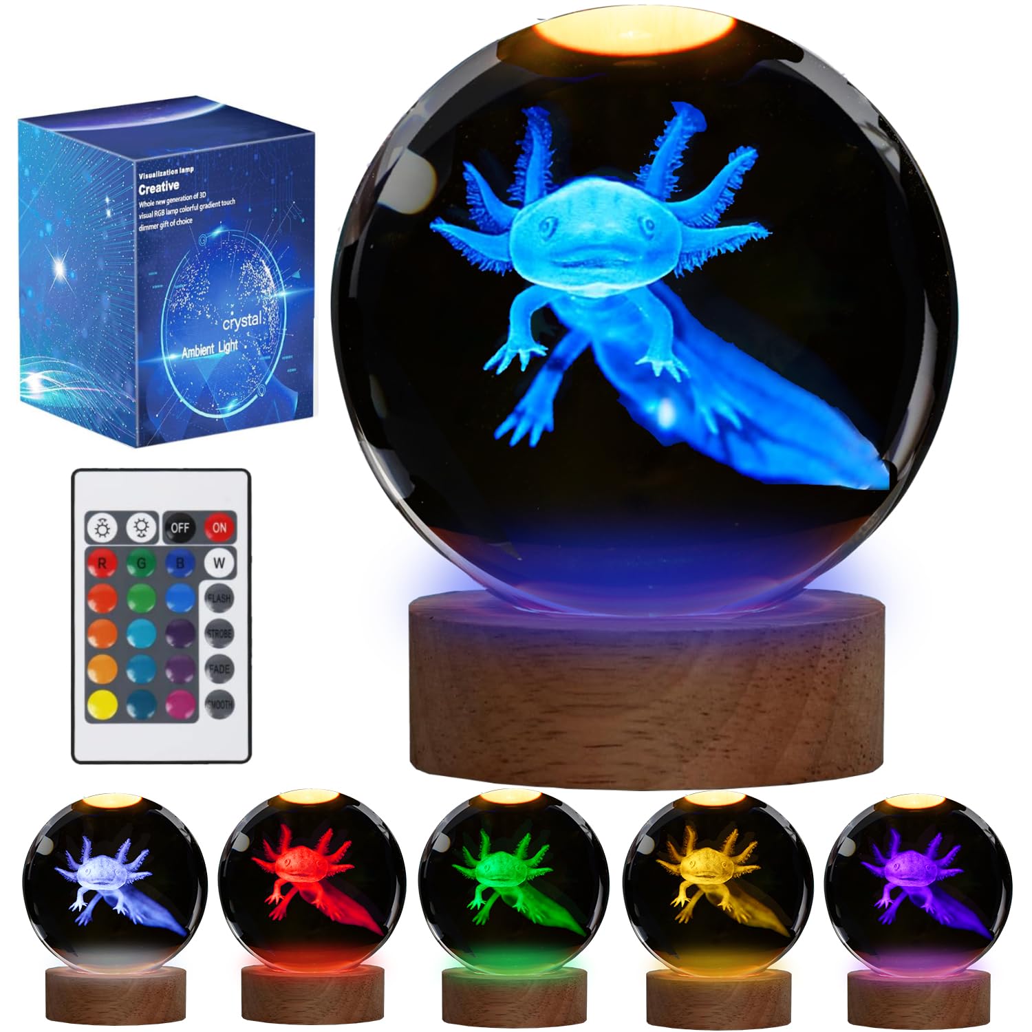 POSSHE axolotl night light in glass sphere creates soft ambient glow on a shelf