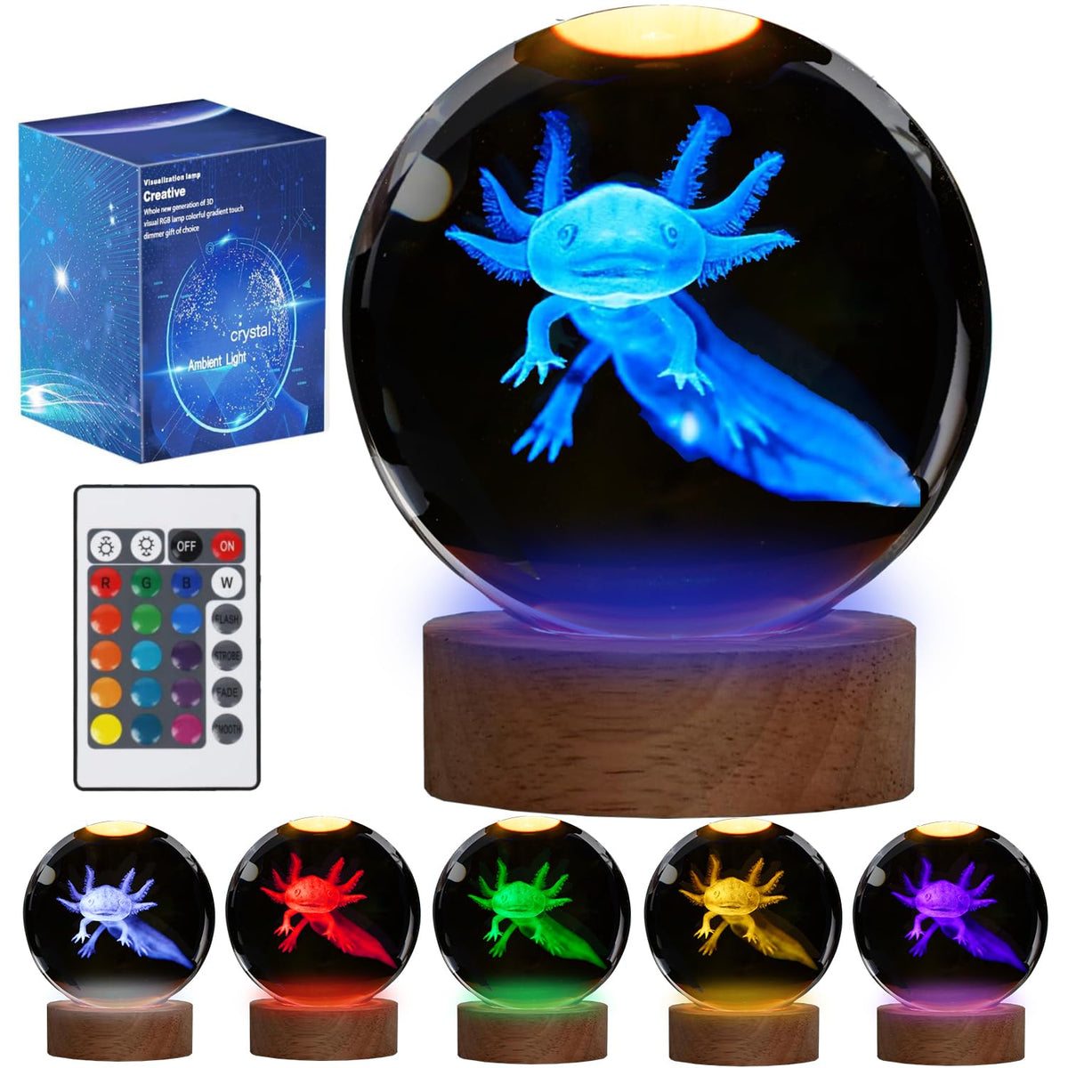 POSSHE axolotl night light in glass sphere creates soft ambient glow on a shelf