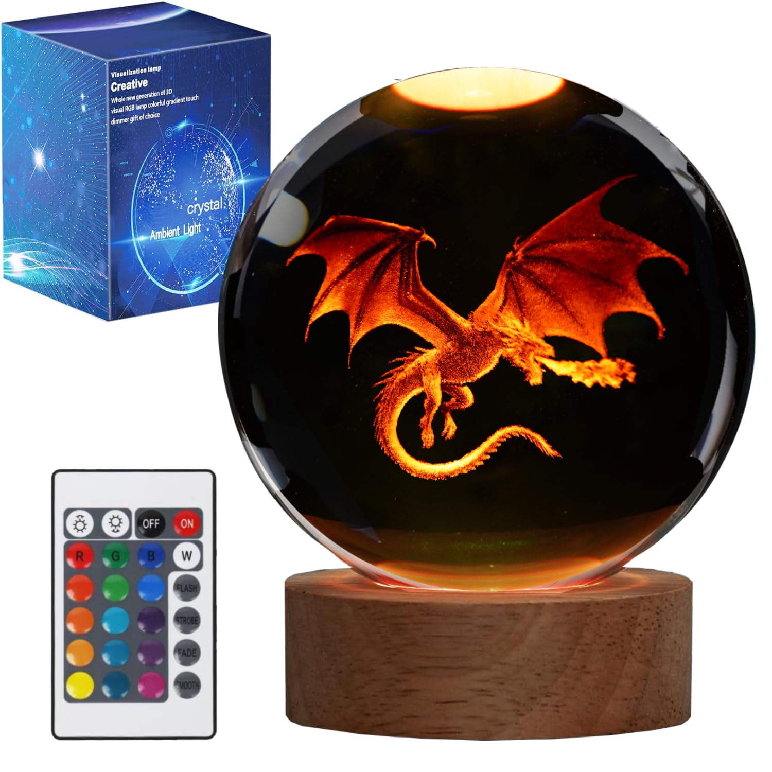 POSSHE Dragon Night Light with 3D dragon inside crystal ball for a magical shelf glow