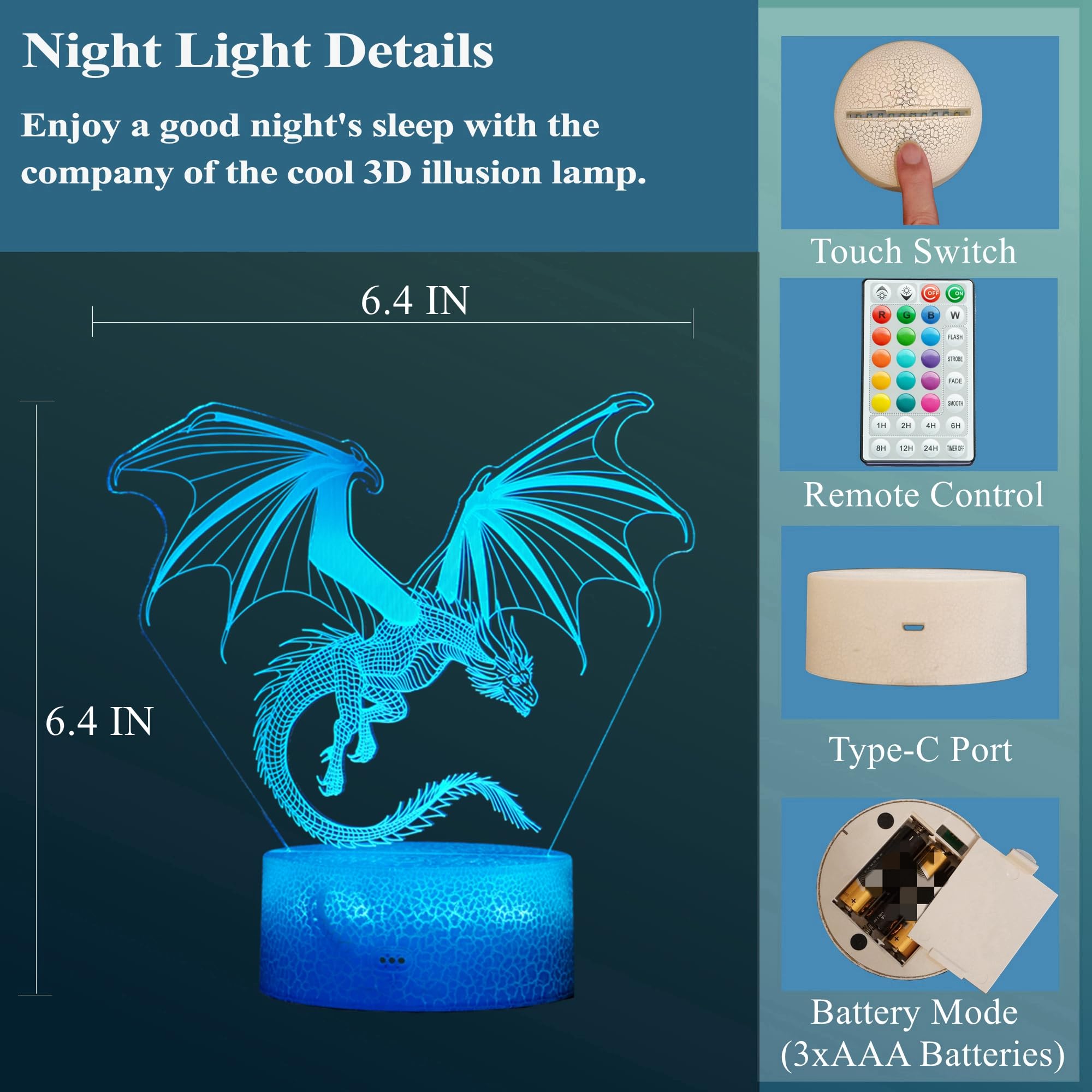 POSSHE Dragon Night Light powered by USB or 3 AA batteries for flexible setup
