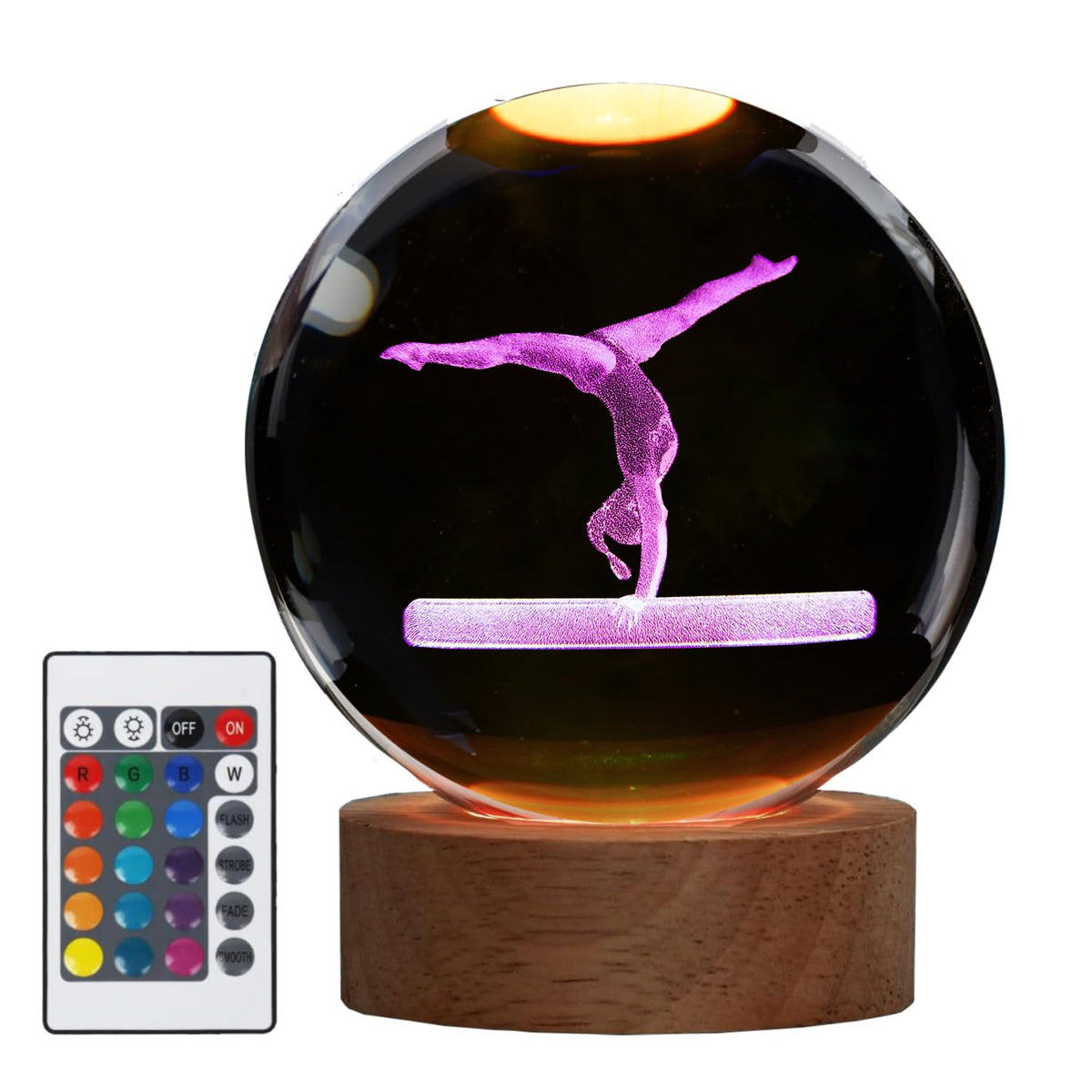 POSSHE gymnastics night light crystal ball glows warmly to illuminate a shelf