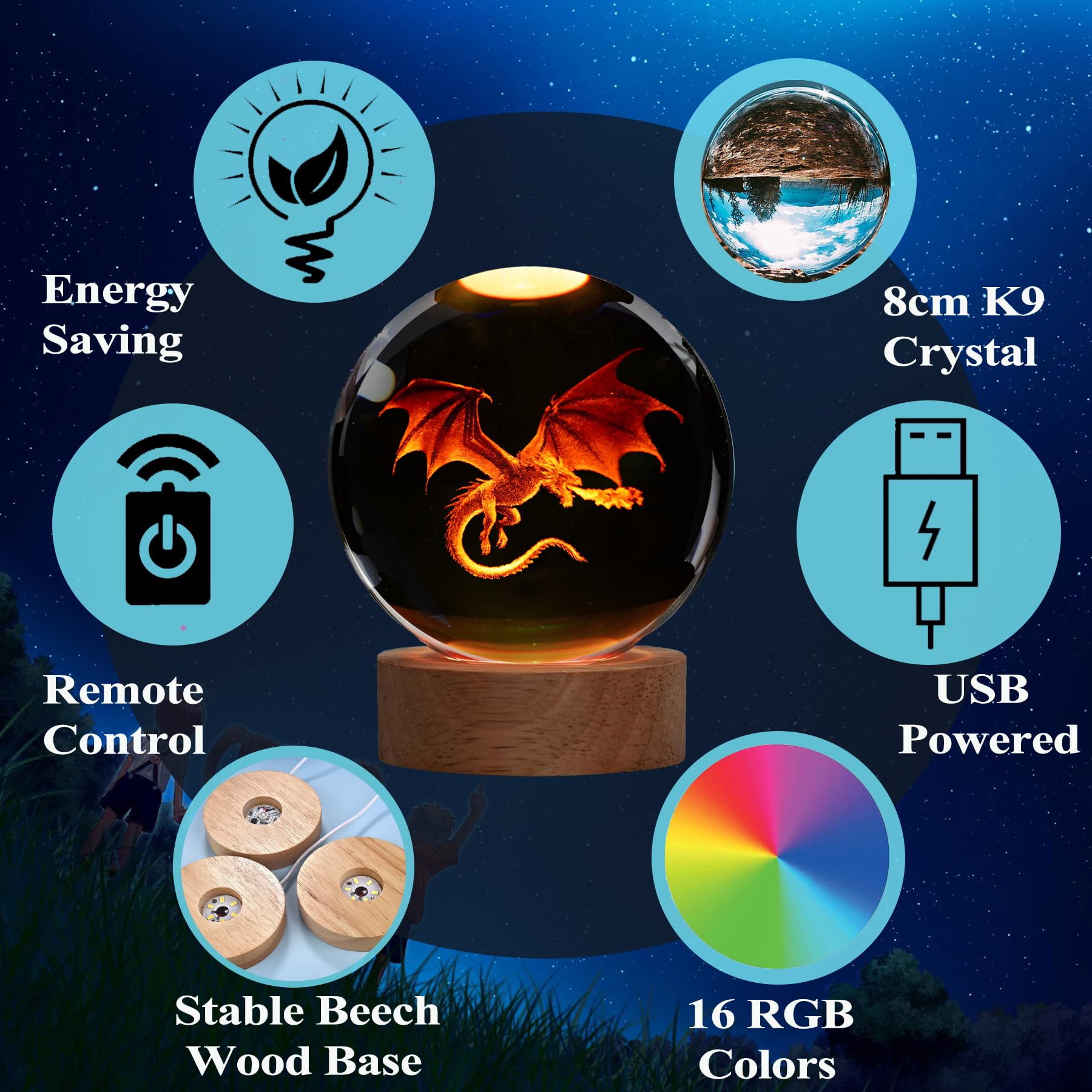 POSSHE K9 crystal dragon lamp on base for steady ambient glow