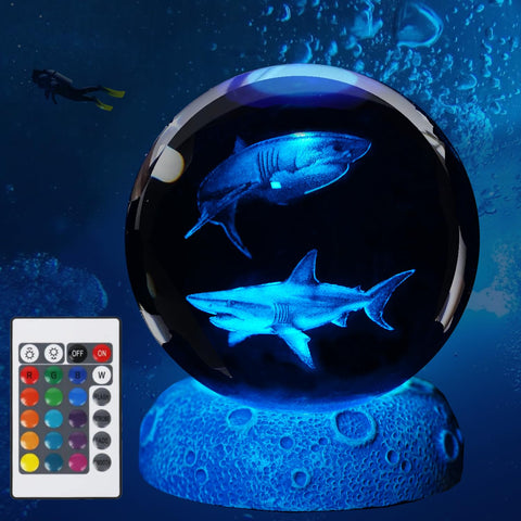 POSSHE Shark Night Light shows a glowing 3D shark inside a crystal ball for captivating decor.