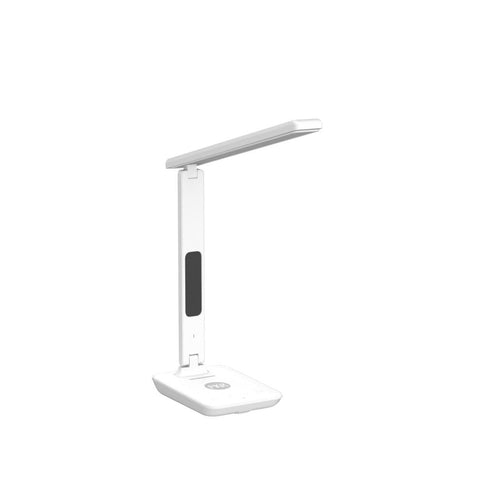 Poukaran LED desk lamp shows date and temperature for quick context.