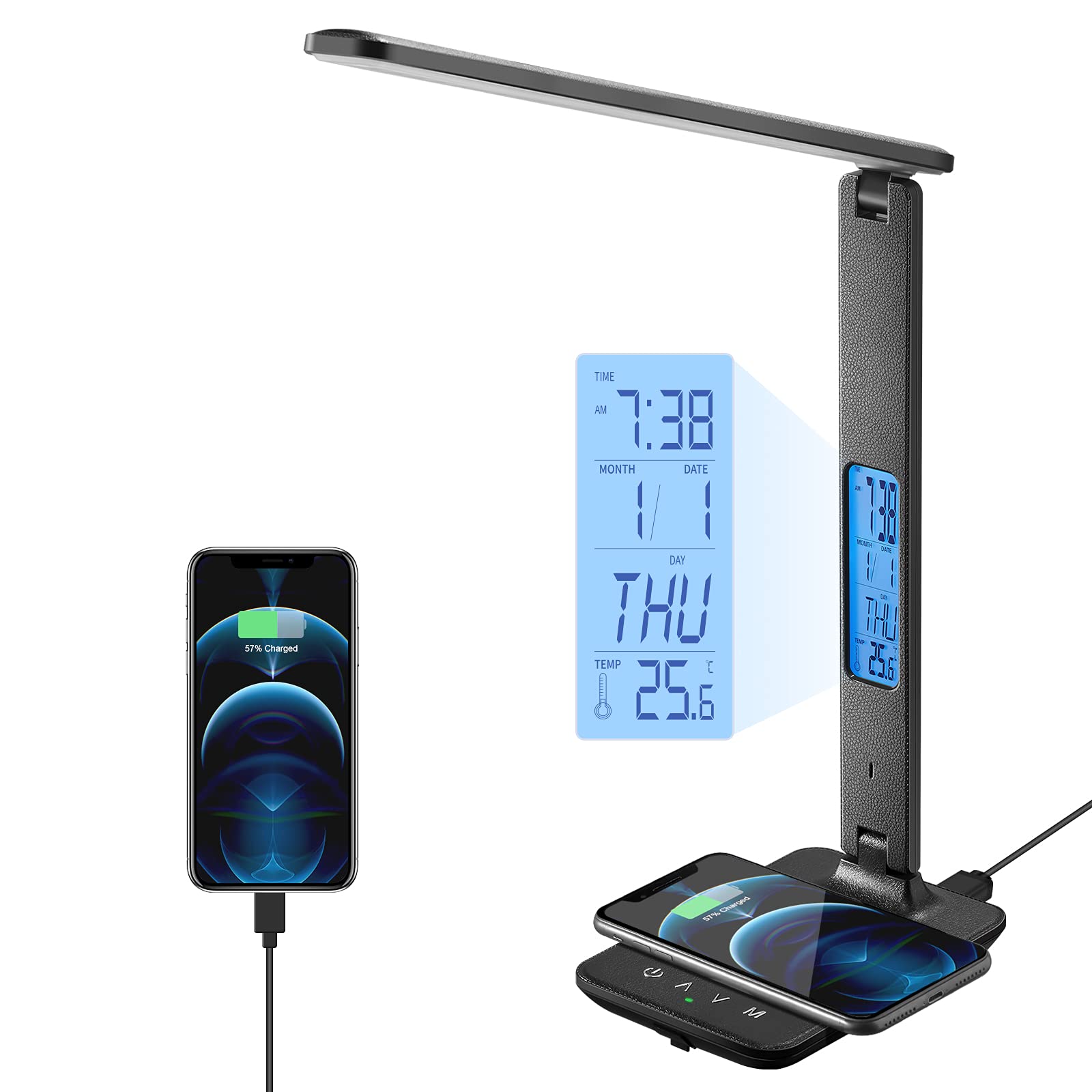 Poukaran LED desk lamp with wireless charger powering a phone on a clean desk