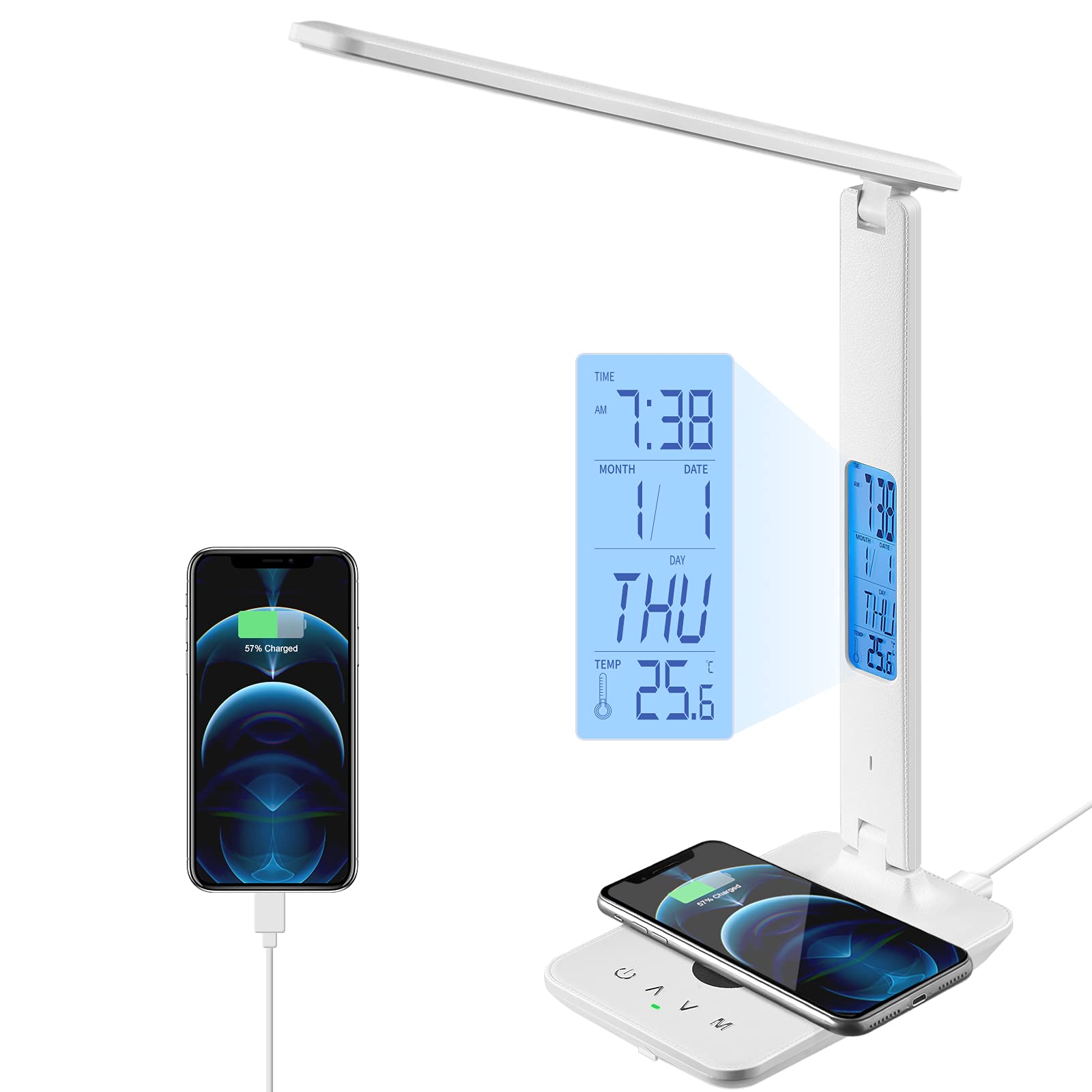 Poukaran LED desk lamp with wireless charger enables simultaneous charging at your desk.