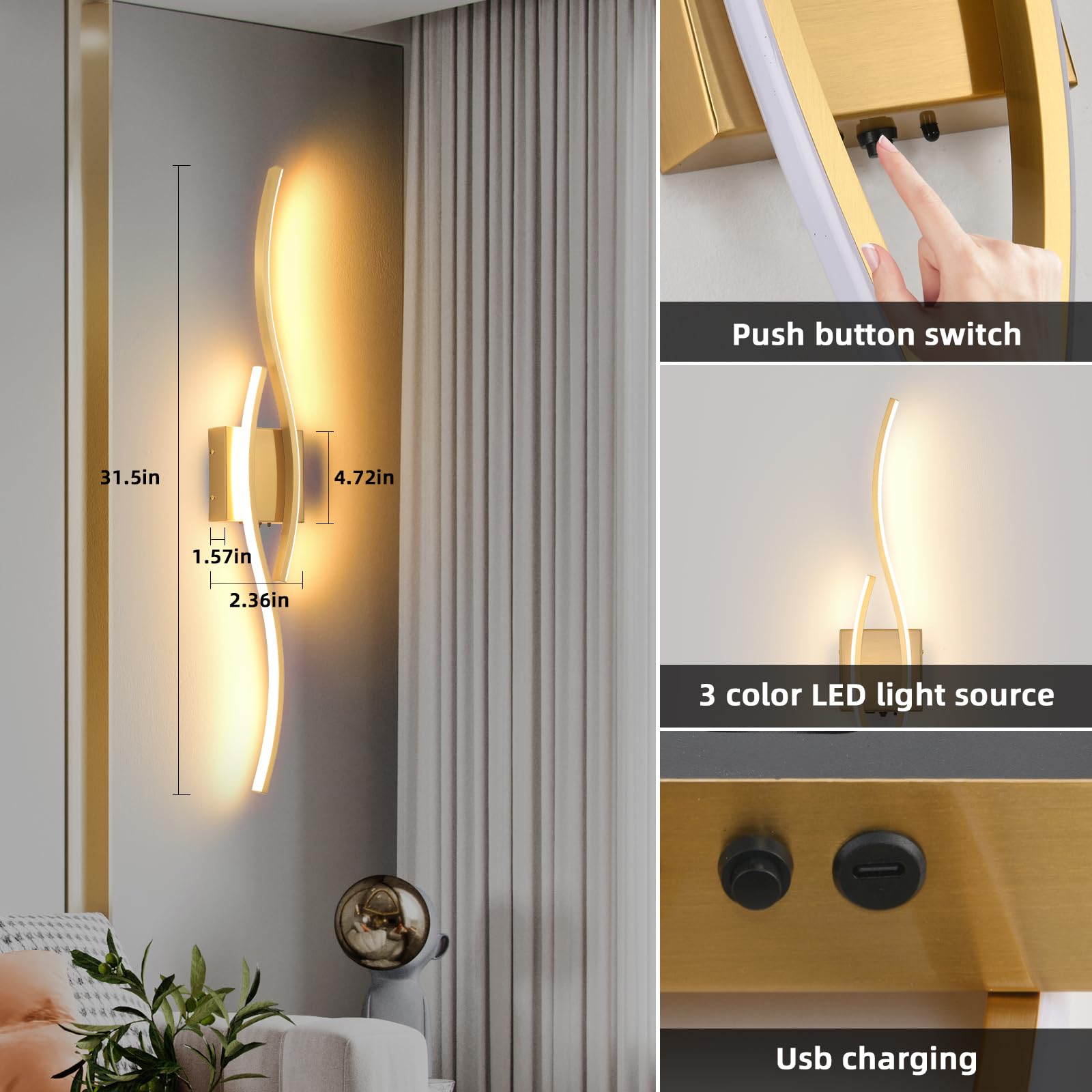 Povectolay bedroom wall sconce in gold creates cozy evenings
