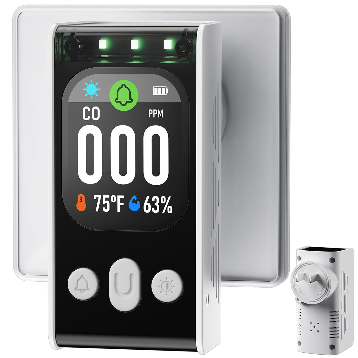 Povlen carbon monoxide detector plugged into outlet for continuous protection and easy placement.
