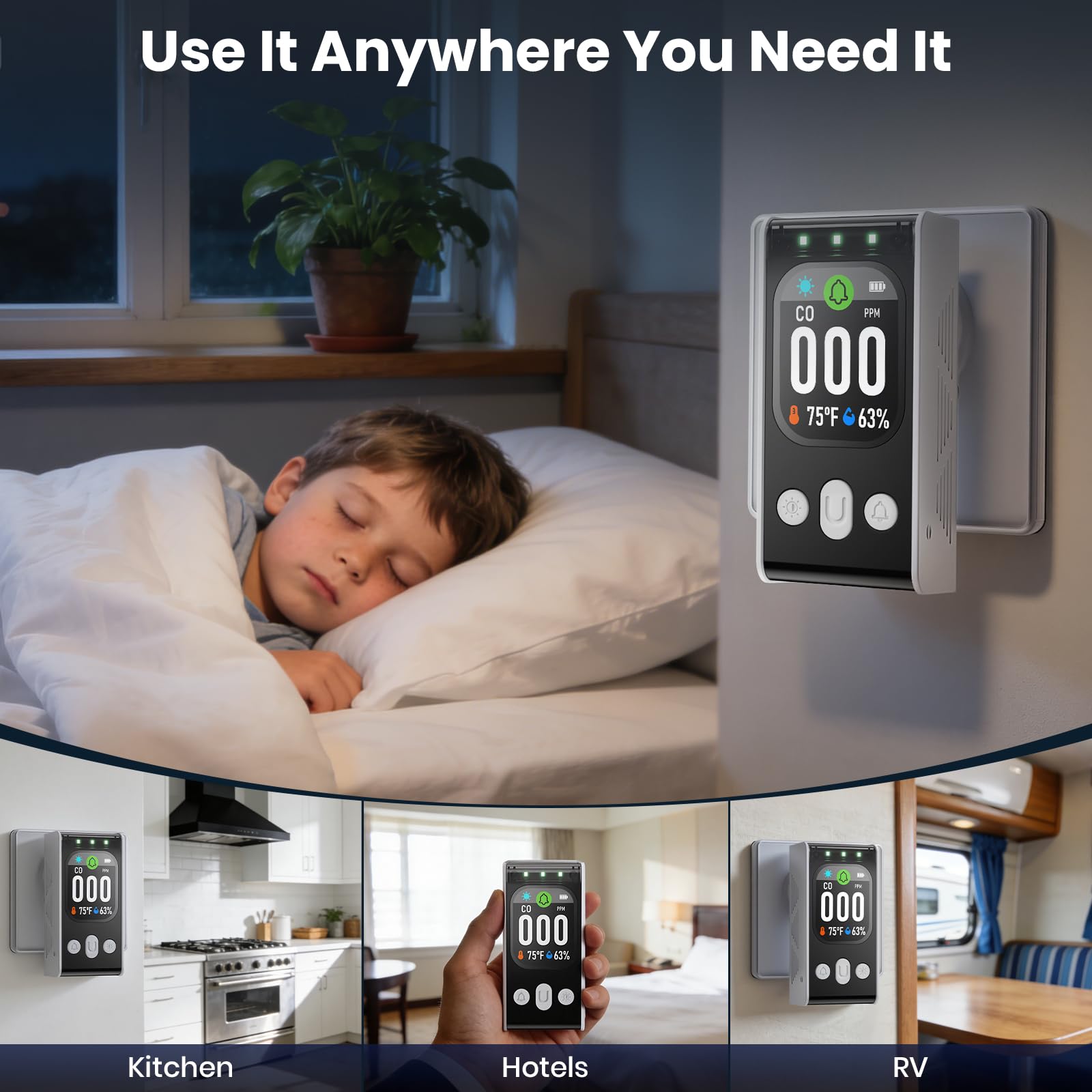 Povlen CO detector temperature-humidity display helps monitor indoor climate.