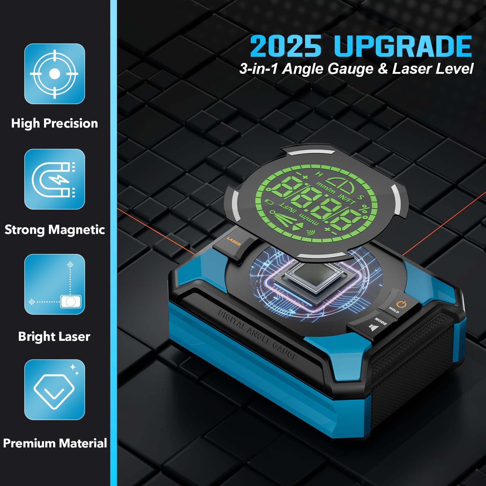 Povlen digital angle finder displays fast readings for accurate layouts.