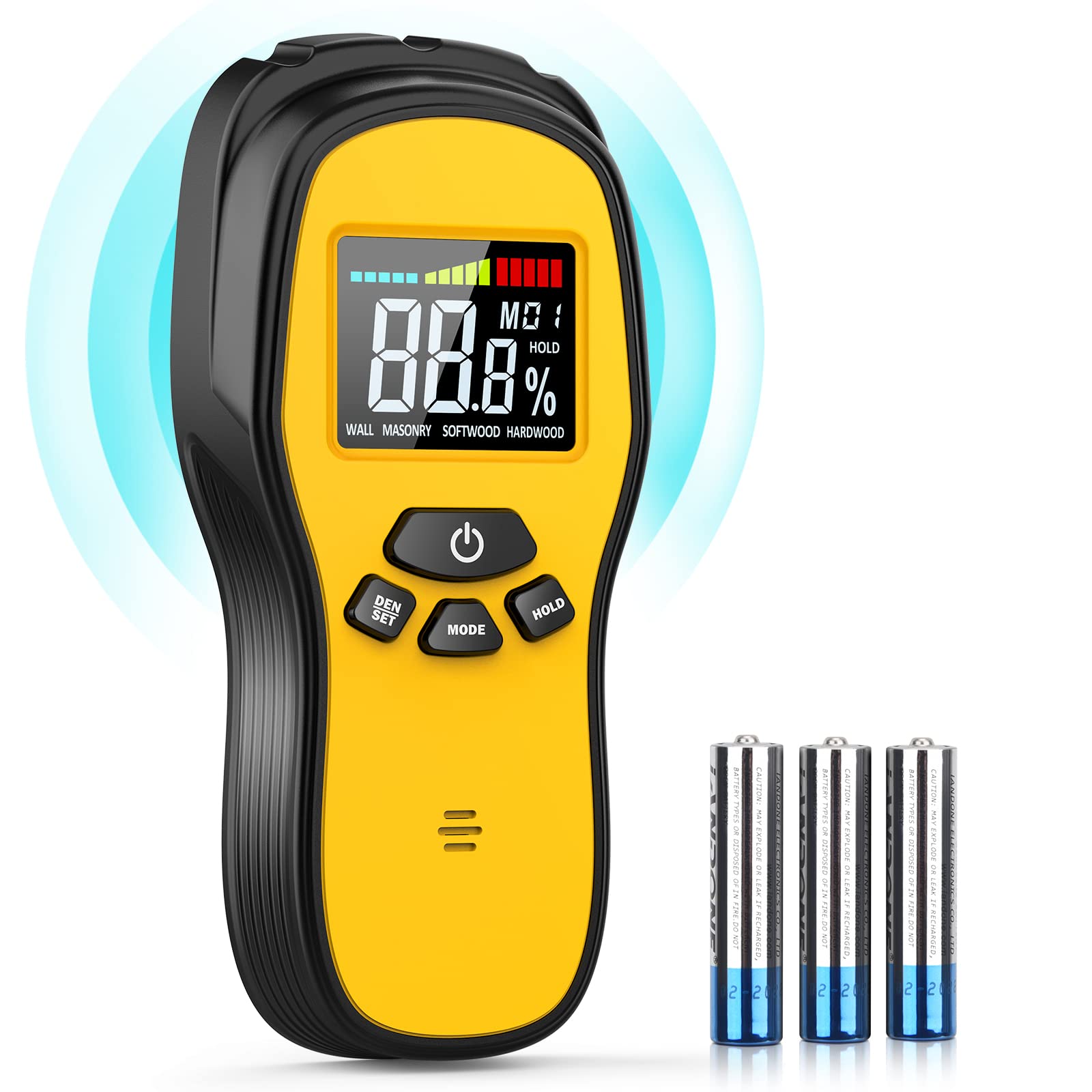Povlen pinless moisture meter display shows quick moisture readings on lumber.