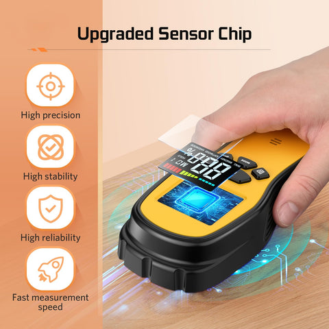 Povlen pinless moisture meter softwood mode highlights wood density adjustments.