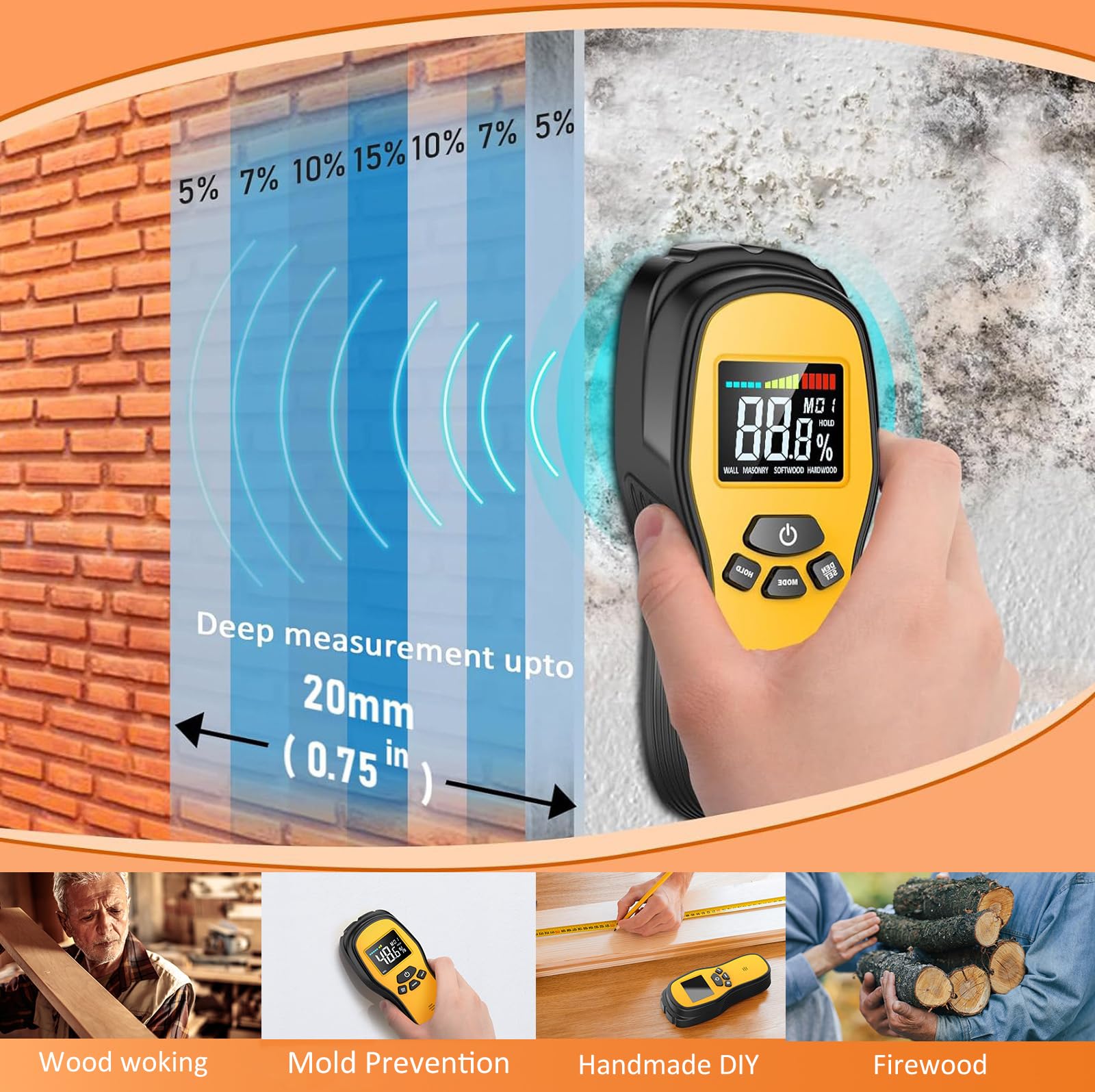 Povlen meter in wall mode detects moisture behind drywall and plaster.
