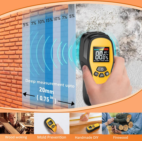 Povlen meter in wall mode detects moisture behind drywall and plaster.