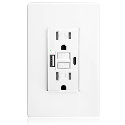 POWAWINI GFCI outlet with USB-C and USB-A ports for fast device charging.
