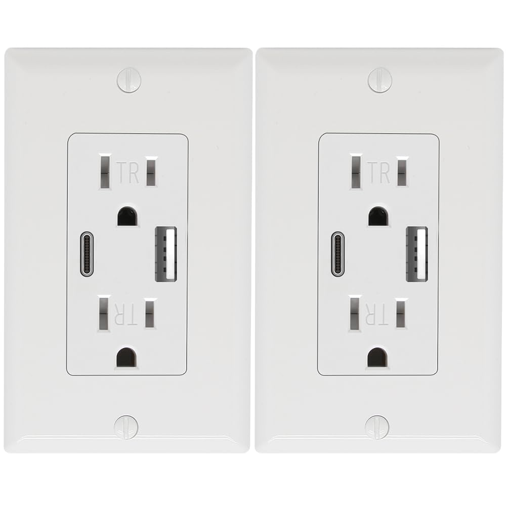 Powawini two-pack wall outlet with USB-C and USB-A ports for versatile charging at home.