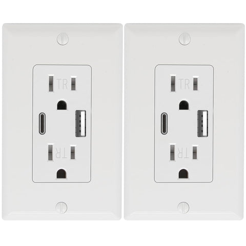 Powawini two-pack wall outlet with USB-C and USB-A ports for versatile charging at home.