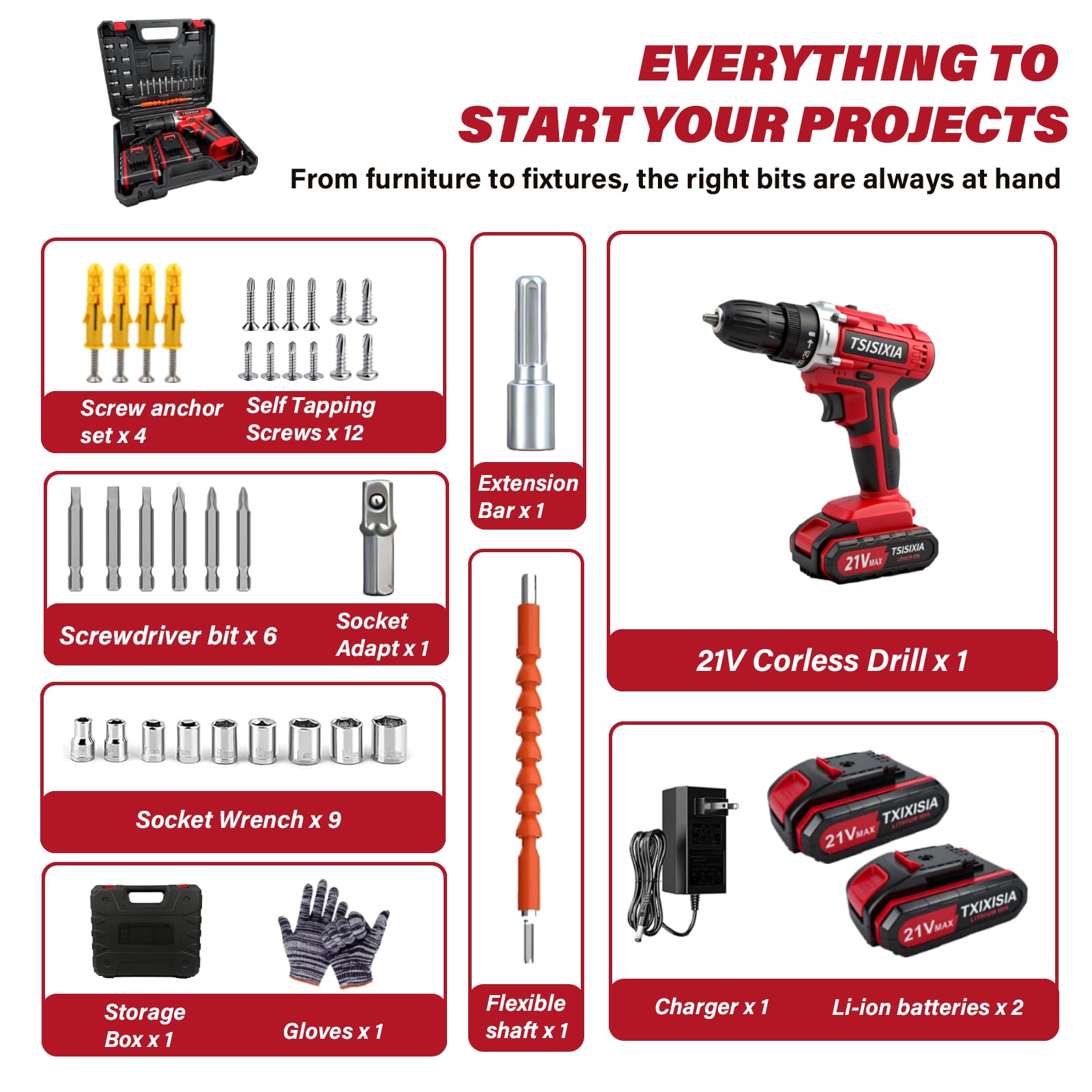 Power Drill Driver 21V LED light brightens dark work areas.