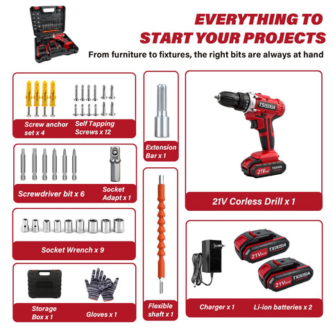 Power Drill Driver 21V LED light brightens dark work areas.
