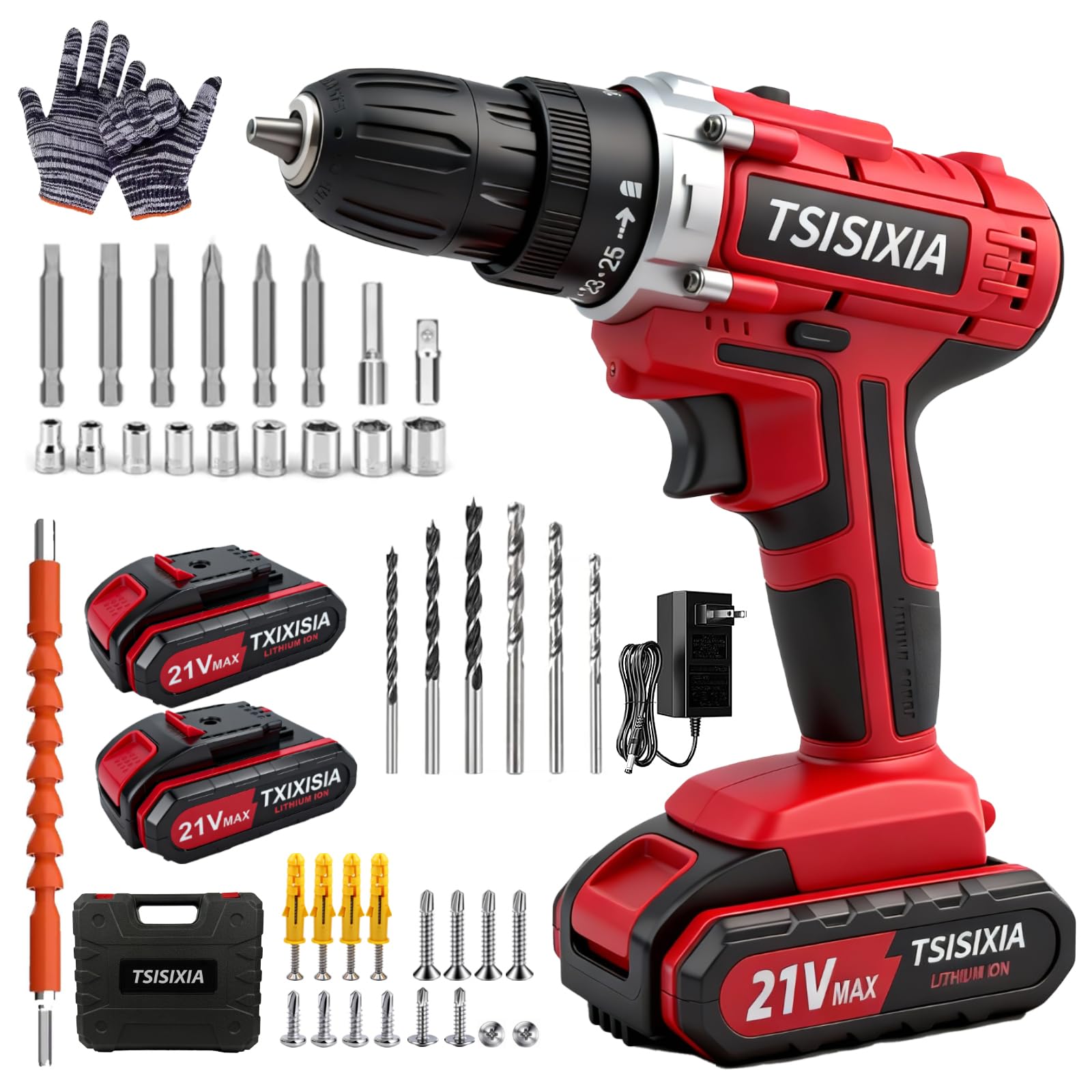 Power Drill Driver 21V with two batteries and case for versatile DIY projects.