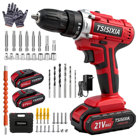 Power Drill Driver 21V with two batteries and case for versatile DIY projects.